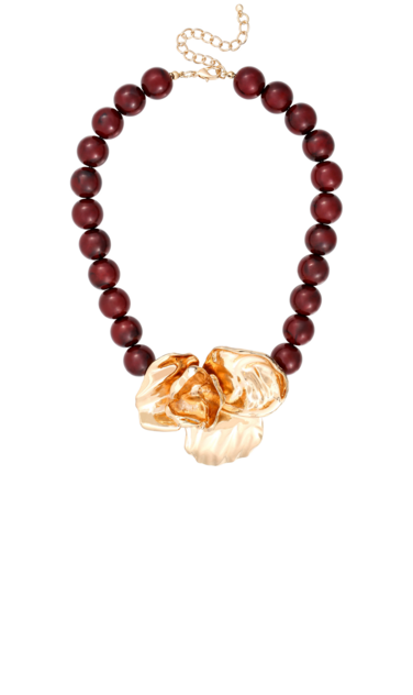 Colar Bijou Brigitte com pérolas castanhas e flor dourada