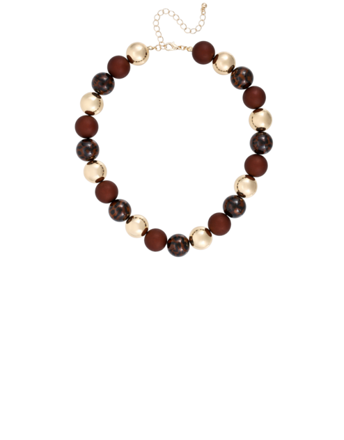 Colar Bijou Brigitte com pérolas, tweed e apontamentos castanhos para um look elegante