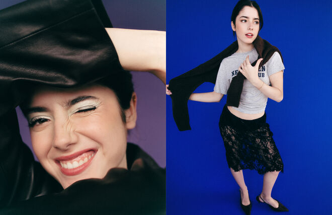 Vestido em malha com plumas, Paula. Meias em algodão, Calzedonia.