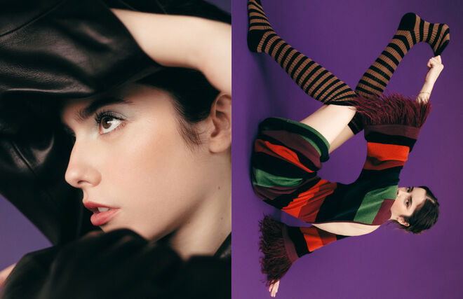 Vestido em malha com plumas, Paula. Meias em algodão, Calzedonia.