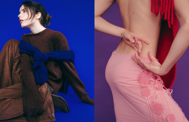 Vestido em malha com plumas, Paula. Meias em algodão, Calzedonia.