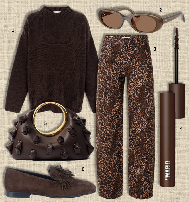 1. Camisola Clara Fernando, €224, Benedita Formosinho; 2. Óculos de sol, €137, Ray-Ban na Sunglass Hut; 3. Calças Baggy Dad, €120, Levi’s; 4. Máscara Master Volumizadora, €33, Makeup By Mario, exclusivo na Sephora; 5. Carteira Calino, €1190, Jacquemus; 6. Mocassins Edit, €169, Maray. 