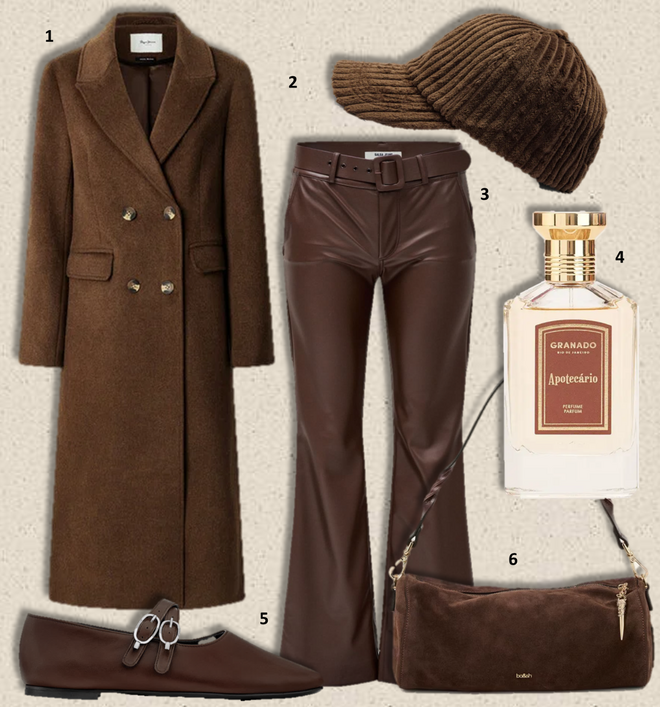 1. Sobretudo, €220, Pepe Jeans; 2. Boné, €15,99, Parfois; 3. Calças Secret Chino, €99,95, Salsa; 4. Eau de Parfum Apotecário, 75ml, €140, Granado; 5. Sabrinas Le Foulonné, €320, Longchamp; 6. Carteira Beni, €295, Ba&Sh. 