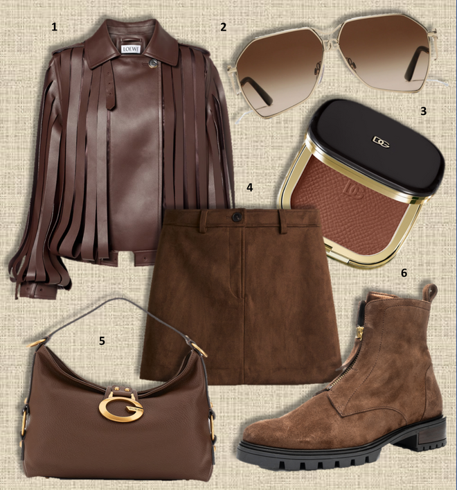 1. Blusão, €8000, Loewe; 2. Óculos de sol Filo, €345, Dolce & Gabbana; 3. Bronzer The Face & Eyes, €54, Dolce & Gabbana; 4. Saia, €22,99, H&M; 5. Carteira Camden, €155, Guess; 6. Botas, €124,50, Ara. 