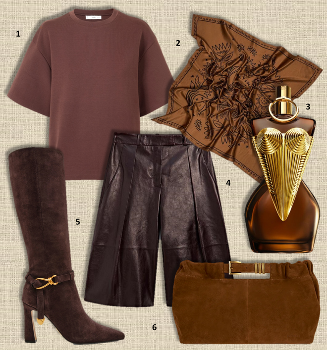 1. Camisola, €25,99, Mango Selection; 2. Lenço, €58, Bimba Y Lola; 3. Eau de parfum Gaultier Divine, 50ml, €131,30, Jean Paul Gaultier na Perfumes & Companhia; 4. Bermudas, €229, Massimo Dutti; 5. Botas, €199,99, Steve Madden; 6. Carteira Allegra, €305, Lonbali. 