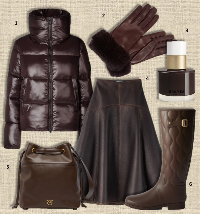 1. Blusão, €349, Save The Duck; 2. Luvas, €425, Eleventy Milano; 3. Verniz Les Mains, no tom Brun Bistre, €51, Hermès; 4. Saia Triangle, €2490, Jacquemus; 5. Carteira, €395, Pinko; 6. Botas, €185, Hunter. 