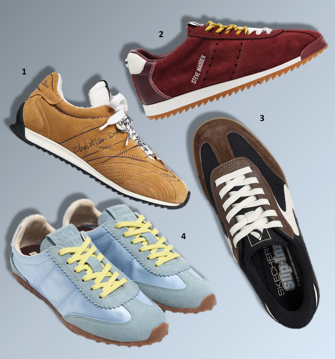 1. Ténis D-Sketch, €950, Dior; 2. Ténis Mirage, €119,99, Steve Madden; 3. Ténis Slip-ins Hotshot Everyday Ease, €70, Skechers; 4. Ténis 13 29, €105, Bimba Y Lola.