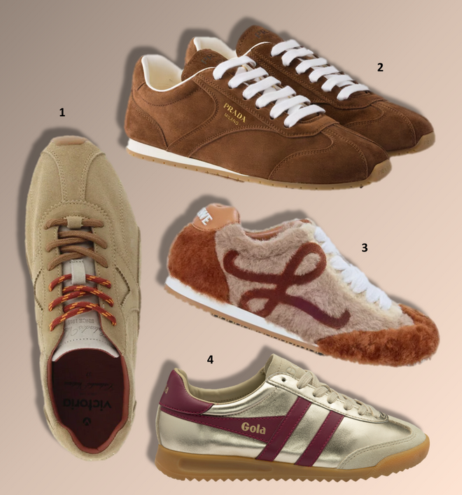 1. Ténis Aster, €79,90, Victoria; 2. Ténis, €830, Prada; 3. Ténis Ballet Runner 2.0, €1100, Loewe; 4. Ténis Torpedo Glimmer, €114,95, Gola.