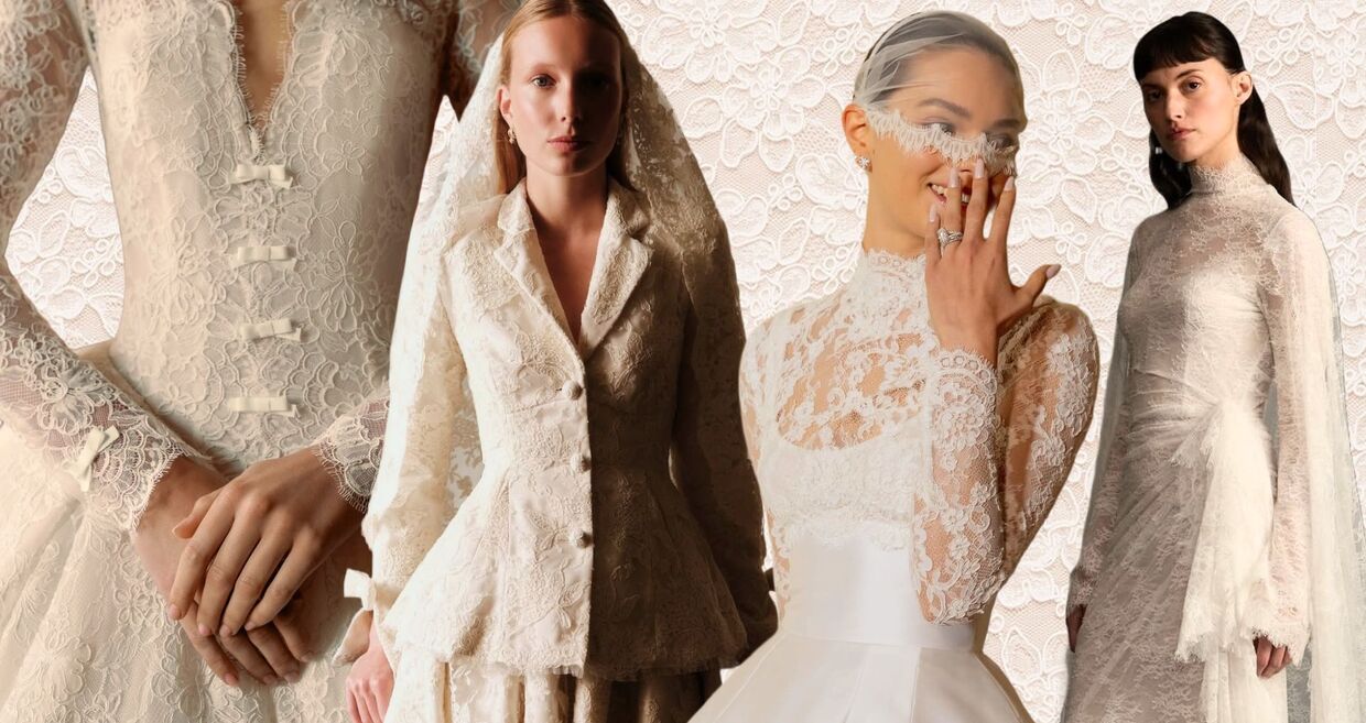 Modelos exibem vestidos de noiva rendados com designs únicos.
