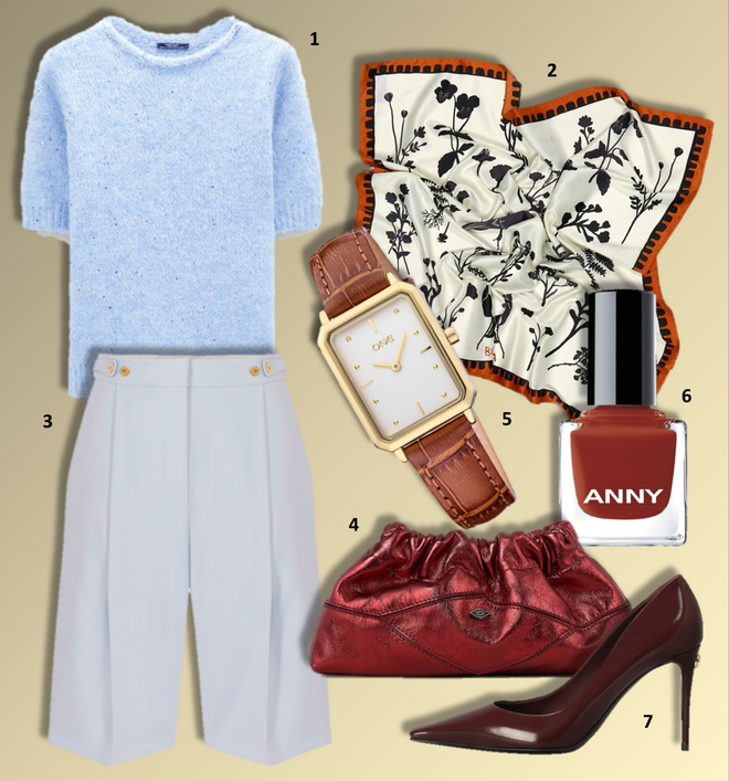 1. Camisola, €29,99, Parfois; 2. Écharpe, €58, Bimba Y Lola; 3. Bermudas, €382, Elisabetta Franchi; 4. Carteira June, €220, Ba&Sh; 5. Relógio Dare, €119, One; 6. Verniz da coleção Bohemian Skyline, no tom East Coast Heart, €10,95, Anny na Perfumes & Companhia; 7. Sapatos, €750, Dolce & Gabbana.  