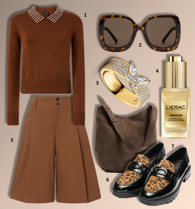 1. Camisola, €295, Pinko; 2. Óculos de sol Crossed, €240, Dolce & Gabbana; 3. Anel Pandora Borboleta, €119, Pandora; 4. Sérum Premium Le Sérum Absolu, 30ml, €99,90, Lierac; 5. Bermudas, €950, Chloé em mytheresa.com; 6. Carteira, €22,99, MO; 7. Mocassins, €114,50, Ara.  