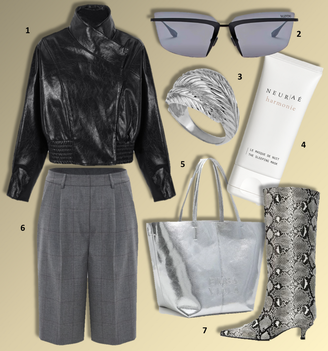 1. Blusão, €79,99, Slowlove; 2. Óculos de sol, €920, Valentino na Óptica Boavista; 3. Anel Plumas, €2300, Leitão & Irmão; 4. Máscara de dormir The Sleeping Mask, 60ml, €110, Neuraé; 5. Carteira, €145, Bimba Y Lola; 6. Bermudas, €85,90, Kocca; 7. Botas, €49,95, Zara.  