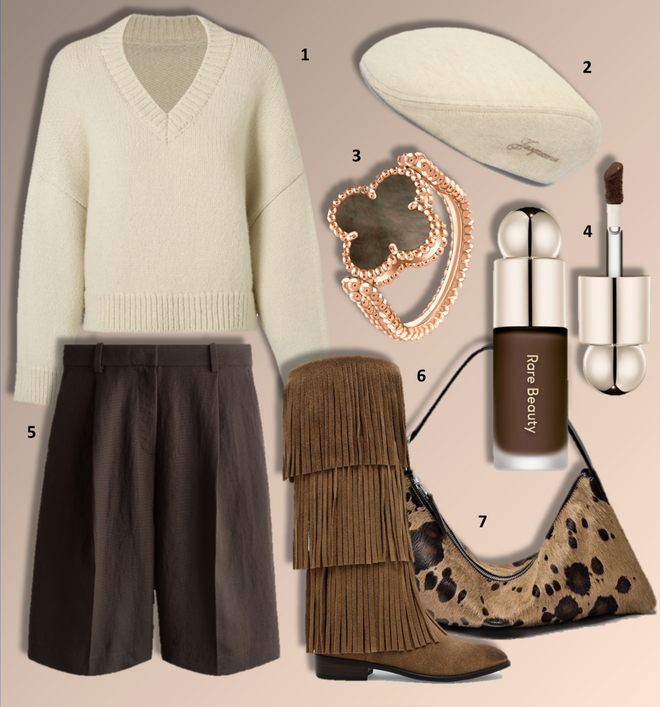 1. Camisola, Mango Selection; 2. Boina Valérie, €170, Jacquemus; 3. Anel reversível Vintage Alhambra, €6850, Van Cleef & Arpels; 4. Batom Soft Pinch Liquid, €33, Rare Beauty, exclusivo na Sephora; 5. Bermudas, €27,99, H&M; 6. Botas Spur, €239,99, Steve Madden; 7. Carteira, €199, Massimo Dutti.  