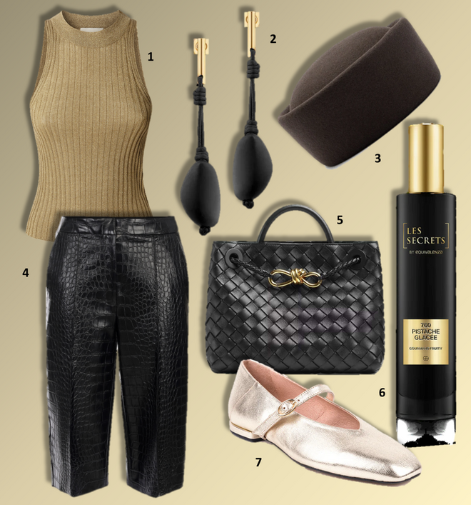 1. Top, €49, Pepe Jeans; 2. Brincos Téré Drop, €190, Polène; 3. Chapéu, €29,99, Parfois; 4. Bermudas, €382, Elisabetta Franchi; 5. Carteira Small Andiamo, €3900, Bottega Veneta na Stivali; 6. Eau de parfum Pistache Glacée da coleção Les Secrets, 50ml, €19,95, Equivalenza; 7. Sabrinas, €129,90, Zilian.  