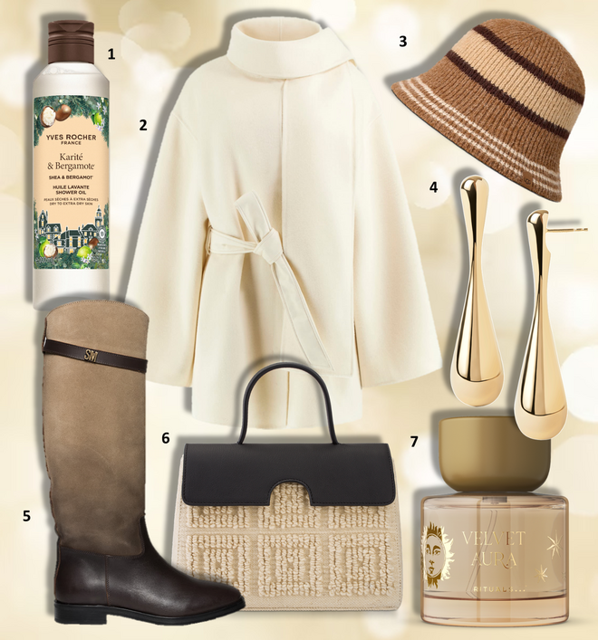 1. Óleo de Duche Karité & Bergamota, €9,95, Yves Rocher; 2. Sobretudo, €380, Guess; 3. Chapéu, €72, UGG; 4. Brincos Glacier, €190, PDPAOLA; 5. Botas Novi €239,99, Steve Madden; 6. Carteira Gunta, €870, Ownever; 7. Eau de parfum Intuitia, 50ml, €50,90, Rituals.   