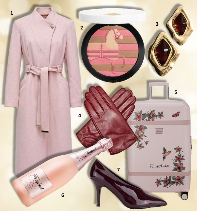 1. Sobretudo Grace, €190, Salsa; 2. Pó compacto Rocabar Silk, no tom Rocabar Rose, €115, Hermés (edição limitada); 3. Brincos, €15,99, Mango; 4. Luvas, €59,99, Massimo Dutti; 5. Mala de viagem 75cm, €409, Frida Kahlo X Samsonite; 6. Espumante Rosé sem álcool, €8,99 (preço recomendado), Freixenet; 7. Sapatos, €29,95, Seaside. 