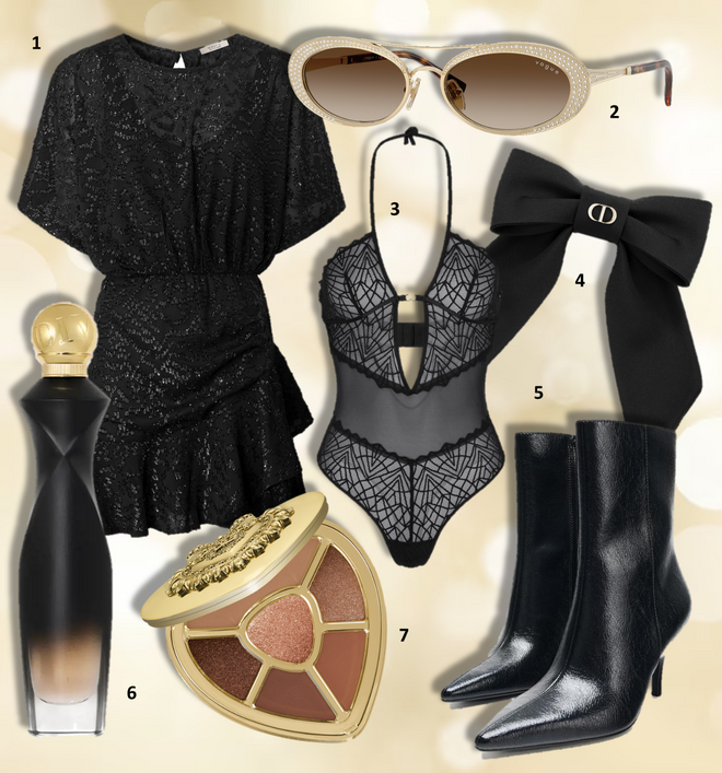 1. Vestido, € 110, Pepe Jeans; 2. Óculos de sol, €120, Vogue; 3. Body That Night in Vegas, €45, Triumph; 4. Gancho de cabelo Dior Twist Bow, €550, Dior; 5. Botas, €35,95, Zara; 6. Eau de parfum Divine Dark Velvet, 50ml, €35, Oriflame; 7. Paleta de sombras Ever Icon Amber Venus, €72, Dolce & Gabbana.  