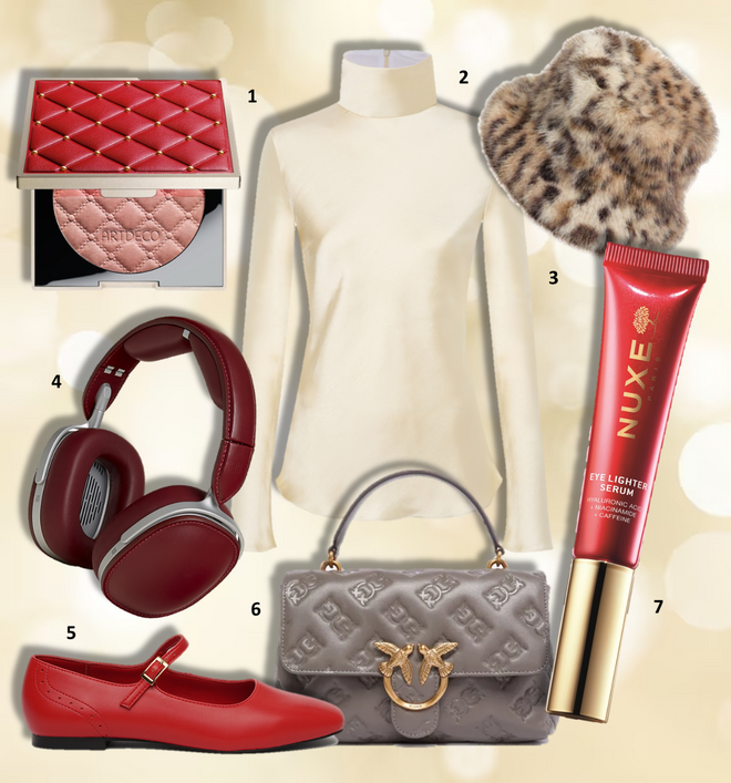 1. Blush Couture, €27,95, Artdeco, exclusivo na Perfumes & Companhia; 2. Blusa, €45,99, Mango Selection; 3. Chapéu, €75, Bimba Y Lola; 4. Auscultadores no tom RougeH, €11 800, Hermès; 5. Sabrinas Ballet Flats, €74,90, Paez; 6. Carteira Medium Love Bag Puff, €395, Pinko; 7. Sérum Merveillance Lift iluminador de olhos, 12ml, €42,30, Nuxe.  