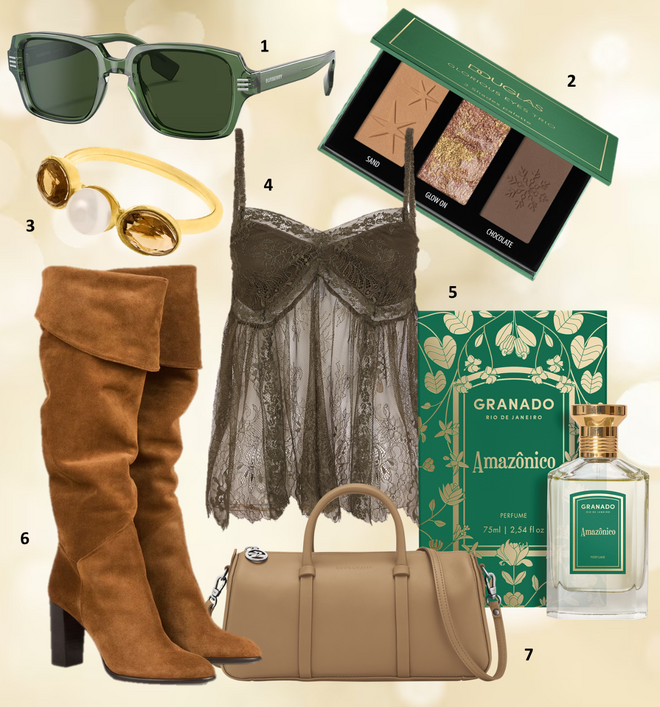 1. Óculos de sol, €221, Burberry, na Sunglass Hut; 2. Paleta de sombras, €4,99, Douglas Collection; 3. Anel Heaven, €84,90, Eugénio Campos; 4. Top, €39,99, Slowlove; 5. Eau de parfum Amazônico, 75ml, €140, Granado; 6. Botas High, €550, Ba&Sh; 7. Carteira M Daylong, €790, Longchamp.  