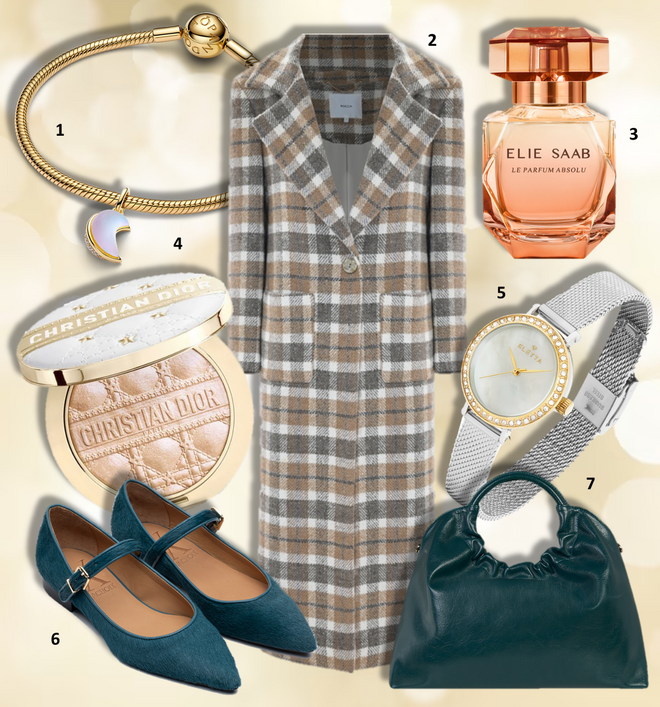 1. Conta Pendente Lua Crescente Brilhante, €119, Pandora; 2. Sobretudo, €239, Kocca; 3. Eau de parfum Le parfum Absolu, 50ml, €110, Elie Saab, exclusivo na Perfumes & Companhia; 4. Pó iluminador Dior Forever Glow Luminizer, edição limitada, €72, Dior; 5. Box Treasure com relógio, bracelete extra e brincos, €139, Eletta na Boutique dos Relógios; 6. Sabrinas Mary jane, €275, Lachoix; 7. Carteira Lucca, €135, Lonbali.  