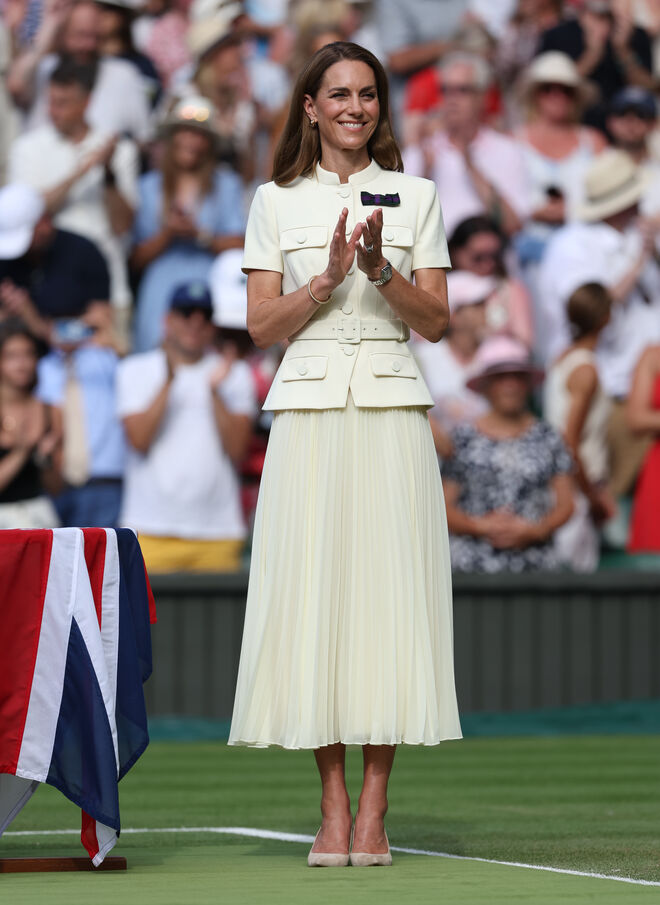 Catherine, Princesa de Gales, durante a cerimónia de apresentação da final feminina individual em Wimbledon 2025