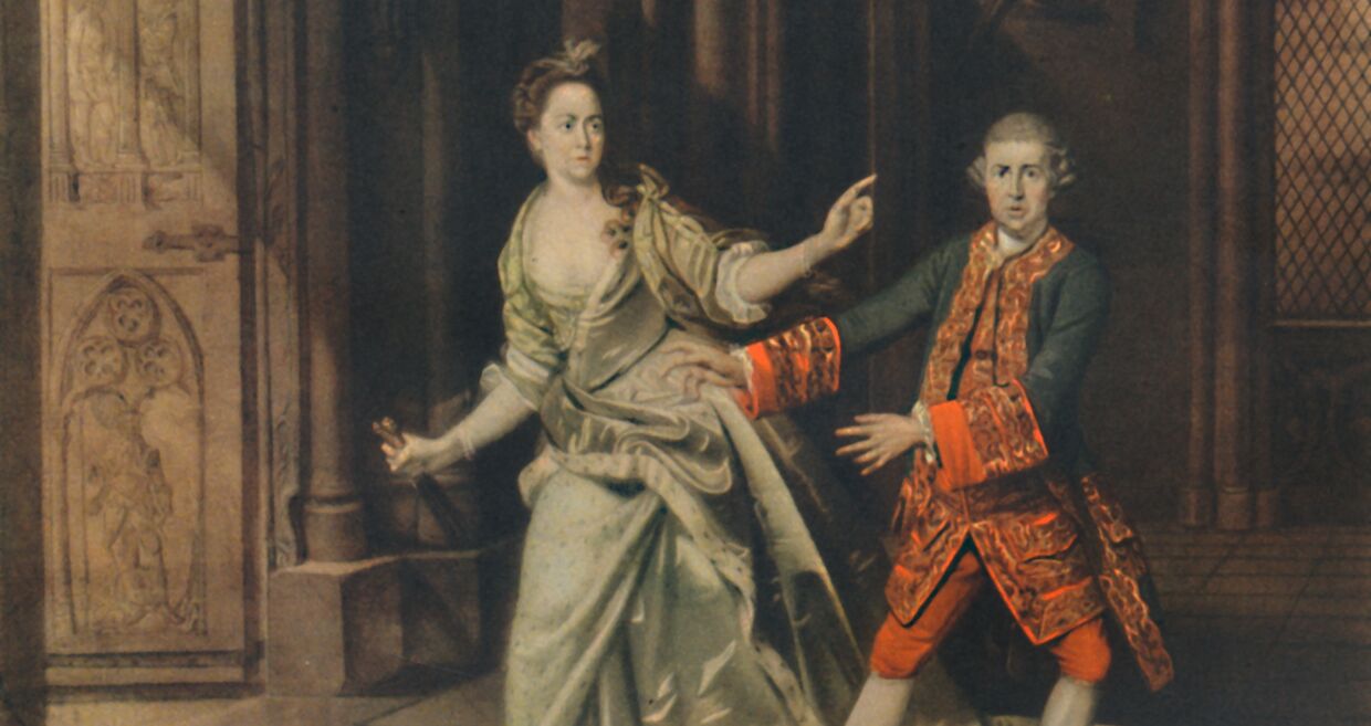 Em pintura, casal discute em interior luxuoso, questionando dinâmicas de poder e adulação