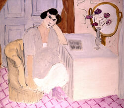 Pintura retrata mulher sentada, com flores e espelho, sob stress