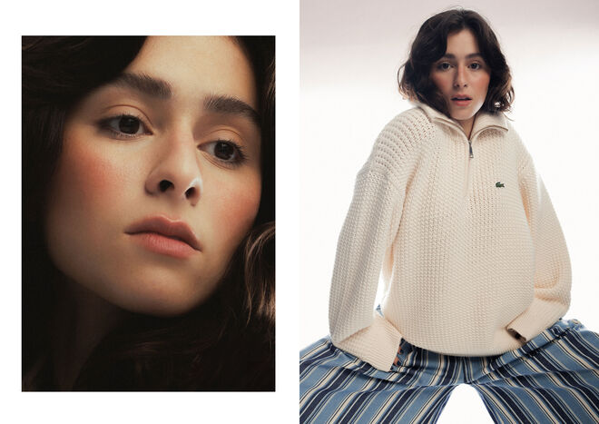 Casaco e saia, Lacoste. Sapatos, arquivo.