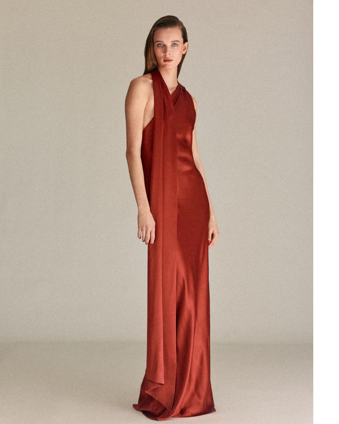 Vestido assimétrico de gola com laço, €190 na Mango.