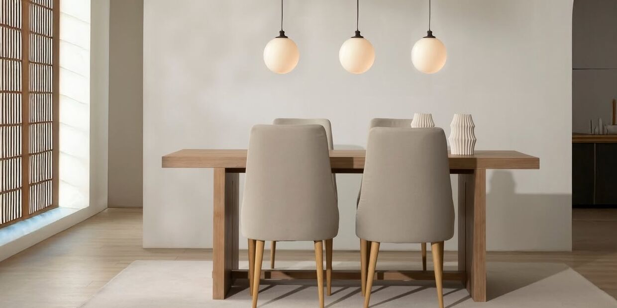 Sala de jantar renovada com mesa, cadeiras e iluminação moderna.
