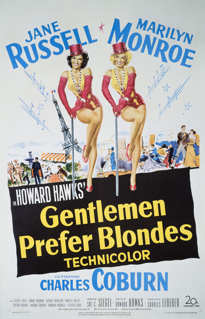 Poster de “Gentlemen Prefer Blondes” — lançado em Portugal como “Os Homens Preferem as Louras”, onde dividia o protagonismo com Jane Russell. O filme de Howard Hawks estreou em 1953 e cimentou definitivamente Marilyn Monroe como atriz.  