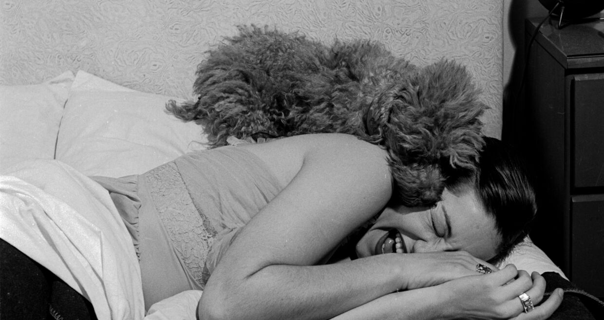 Uma mulher dorme com o seu cão na cama