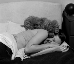 Uma mulher dorme com o seu cão na cama