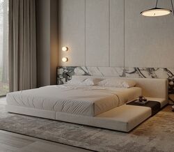 Um quarto com cama, candeeiros e mobiliário de luxo